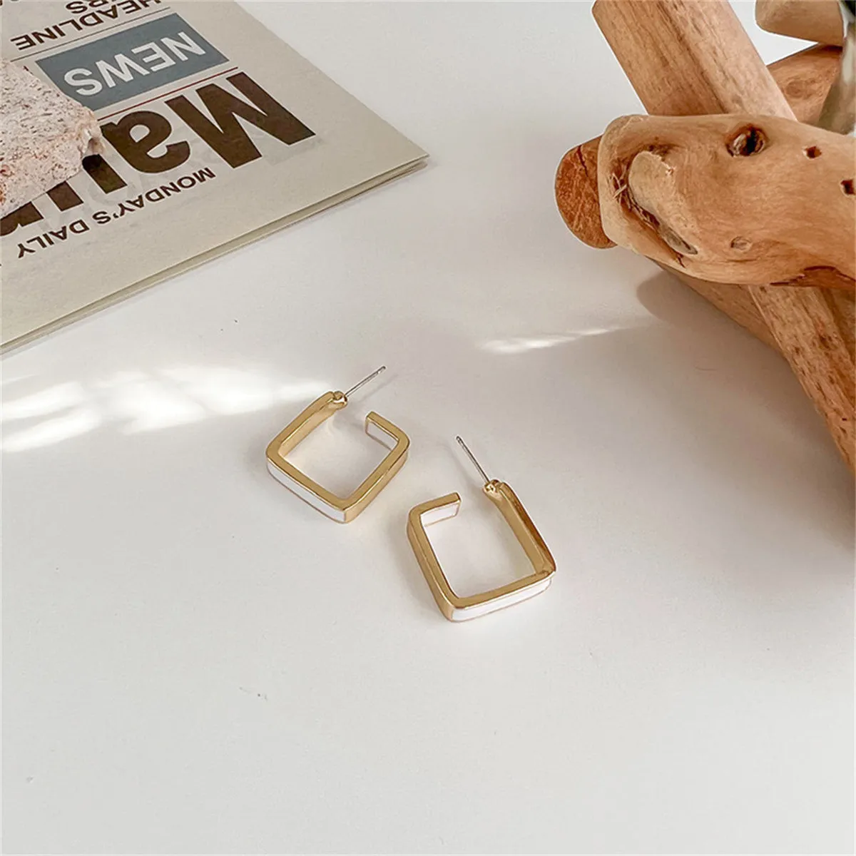 White Enamel & 18K Gold-Plated Open Square Huggie Earring