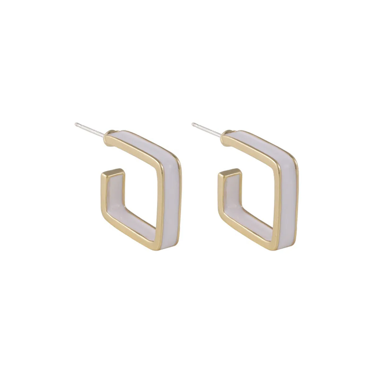 White Enamel & 18K Gold-Plated Open Square Huggie Earring
