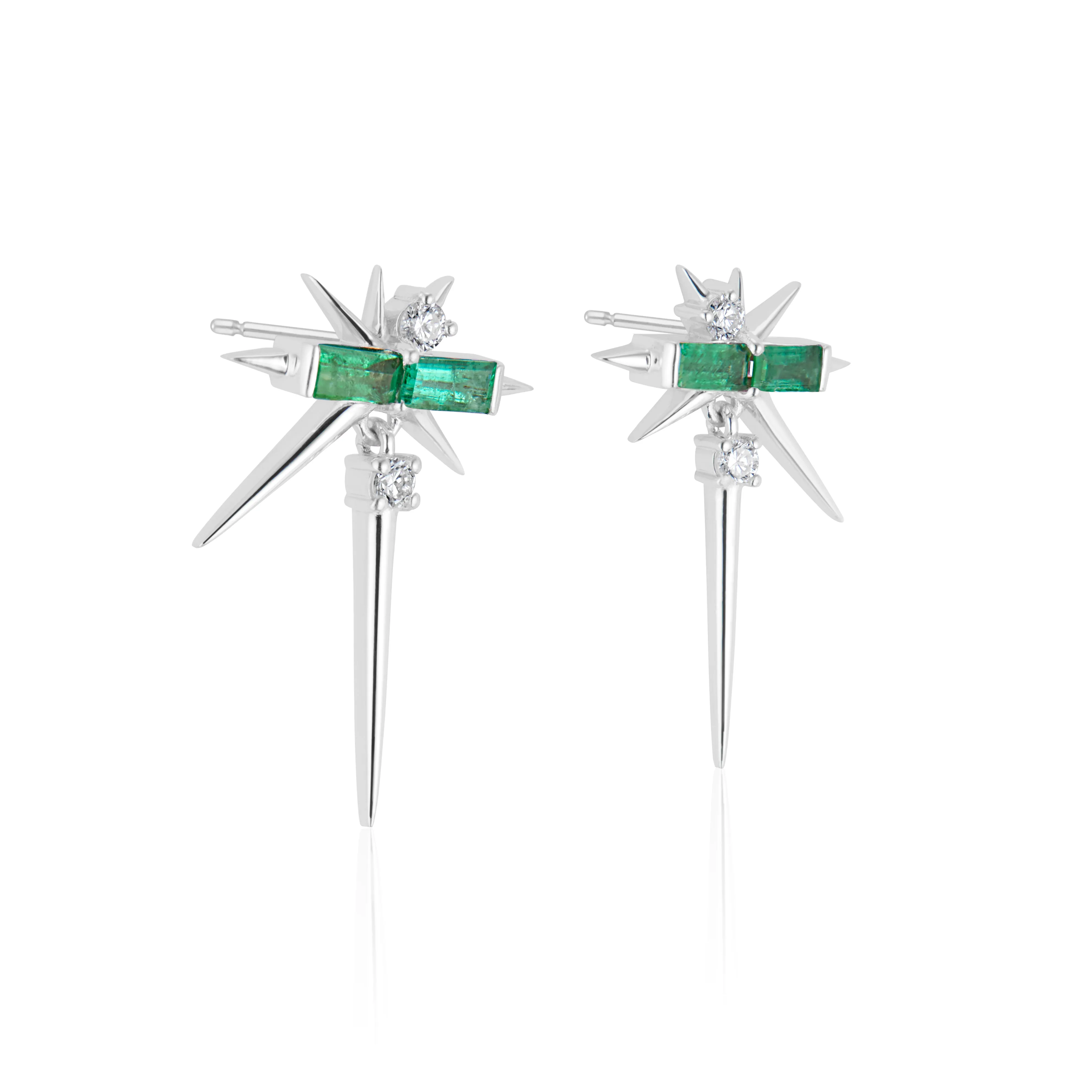 White Gold Emerald & Diamond Drop Earrings - Spike Earrings