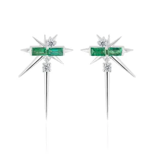 White Gold Emerald & Diamond Drop Earrings - Spike Earrings