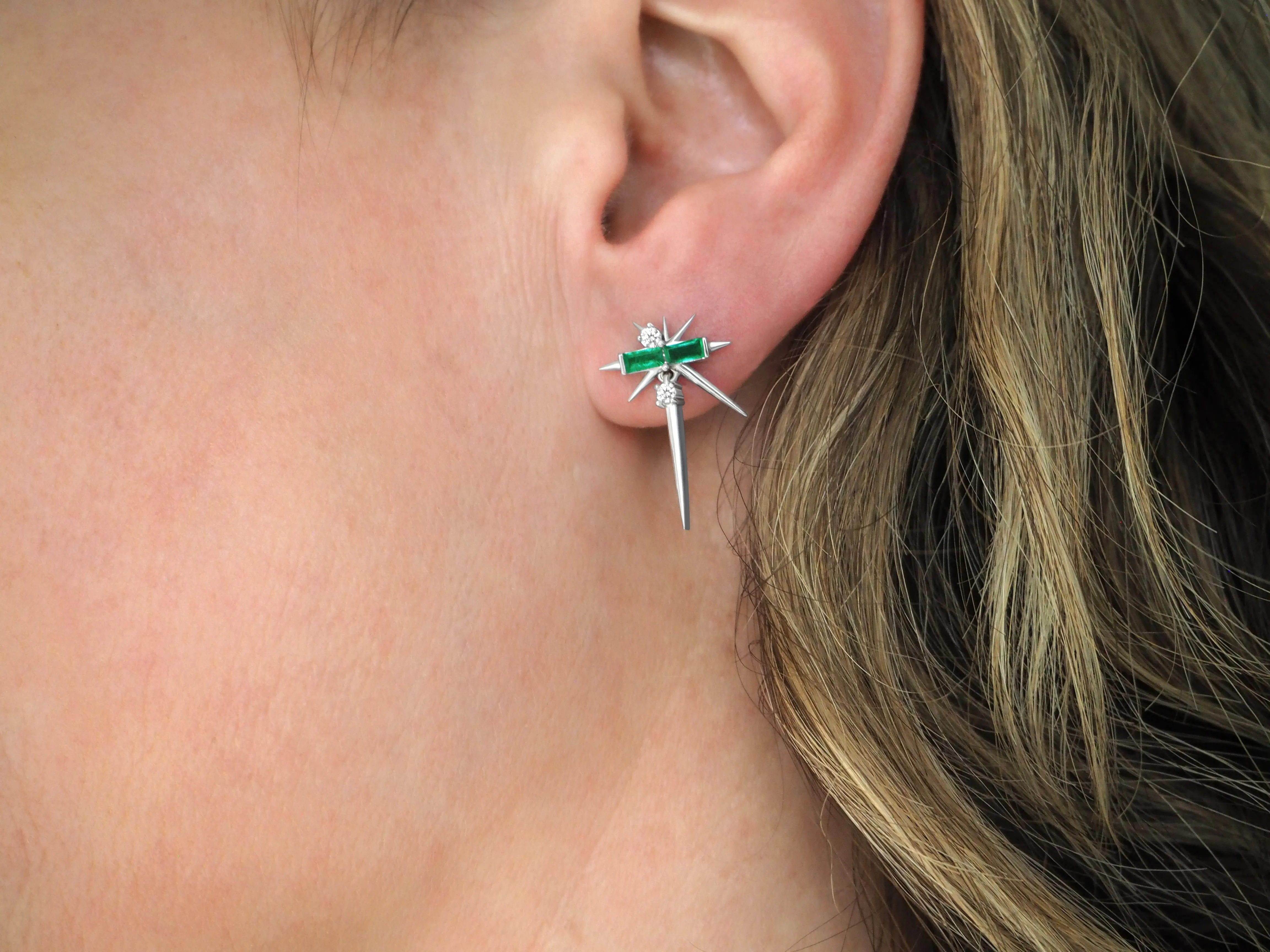 White Gold Emerald & Diamond Drop Earrings - Spike Earrings