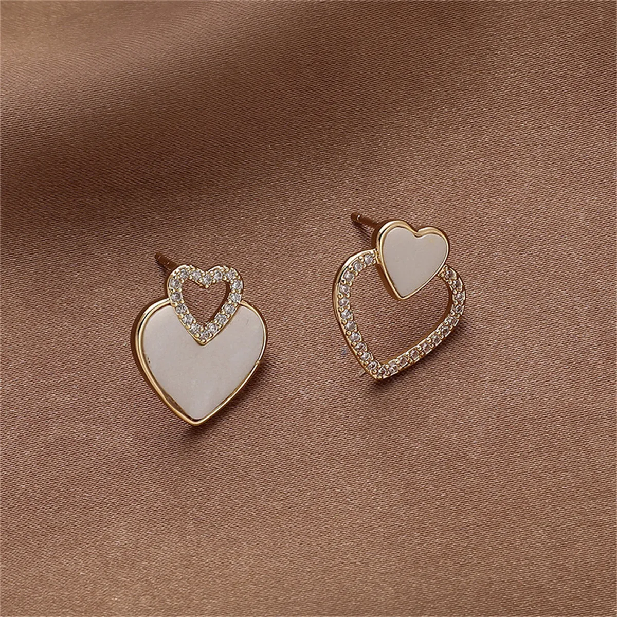 White Shell & Cubic Zirconia Heart Mismatched Stud Earrings