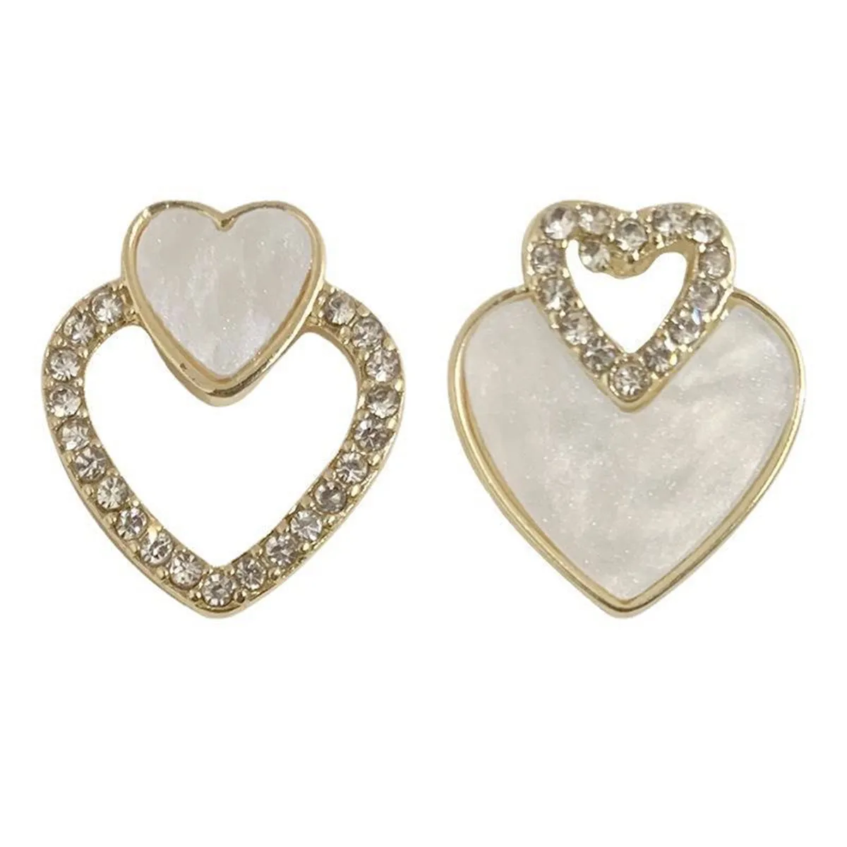 White Shell & Cubic Zirconia Heart Mismatched Stud Earrings