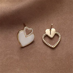 White Shell & Cubic Zirconia Heart Mismatched Stud Earrings