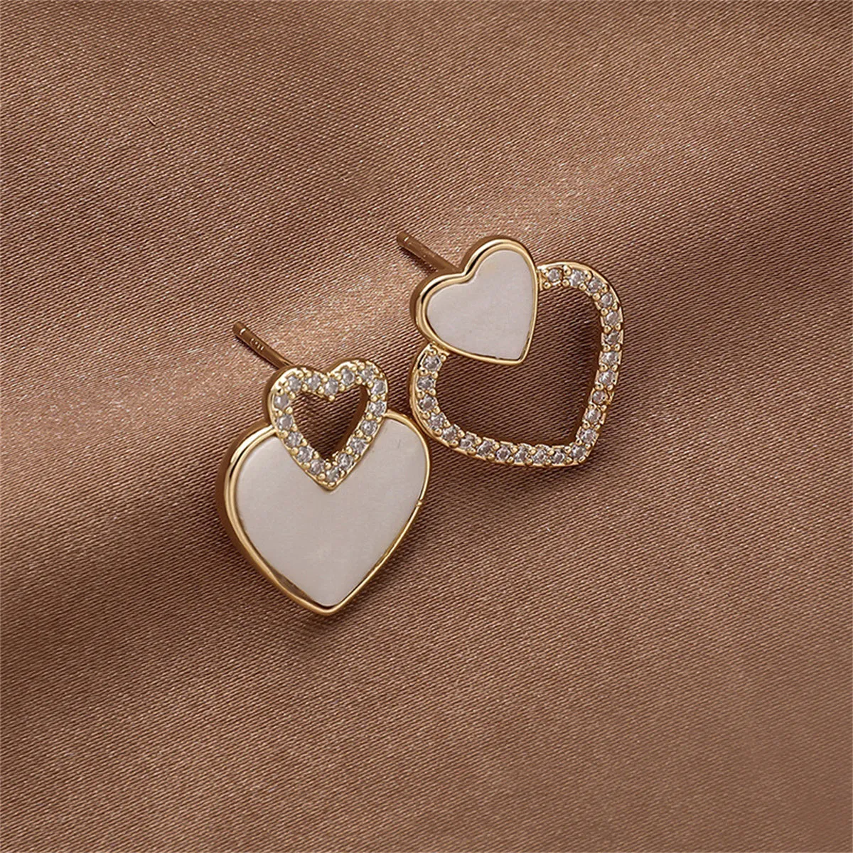 White Shell & Cubic Zirconia Heart Mismatched Stud Earrings