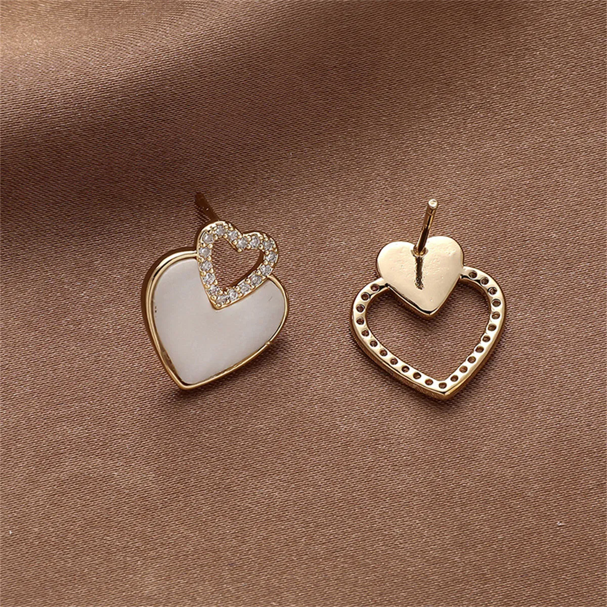 White Shell & Cubic Zirconia Heart Mismatched Stud Earrings