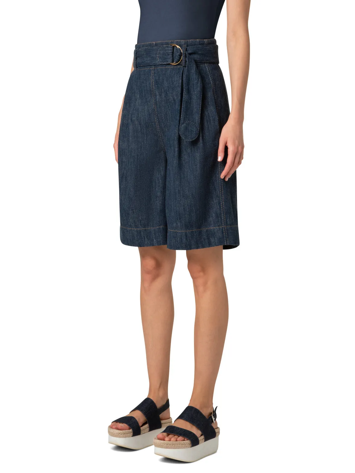 Wide Cotton Wool Denim Bermuda Shorts