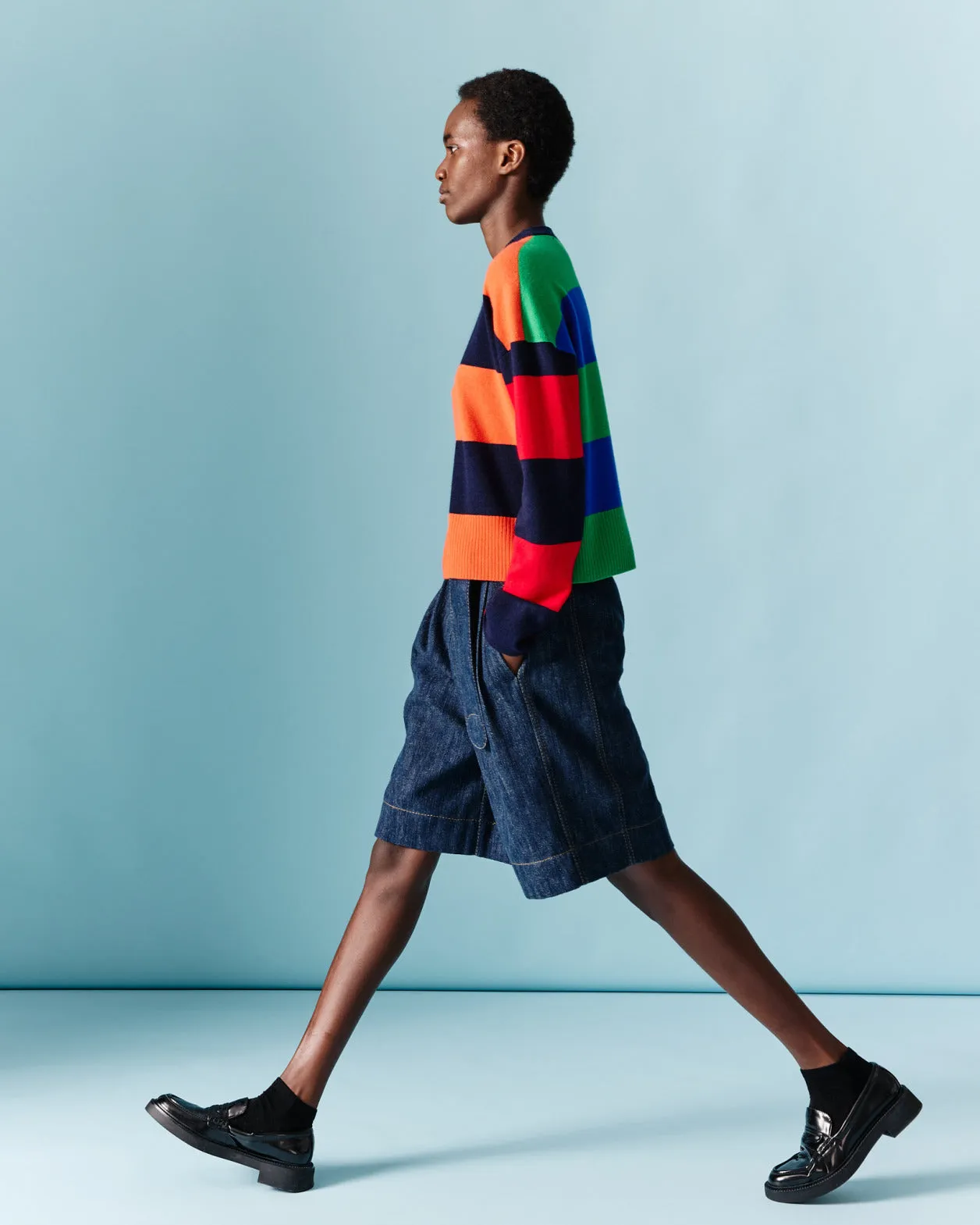 Wide Cotton Wool Denim Bermuda Shorts