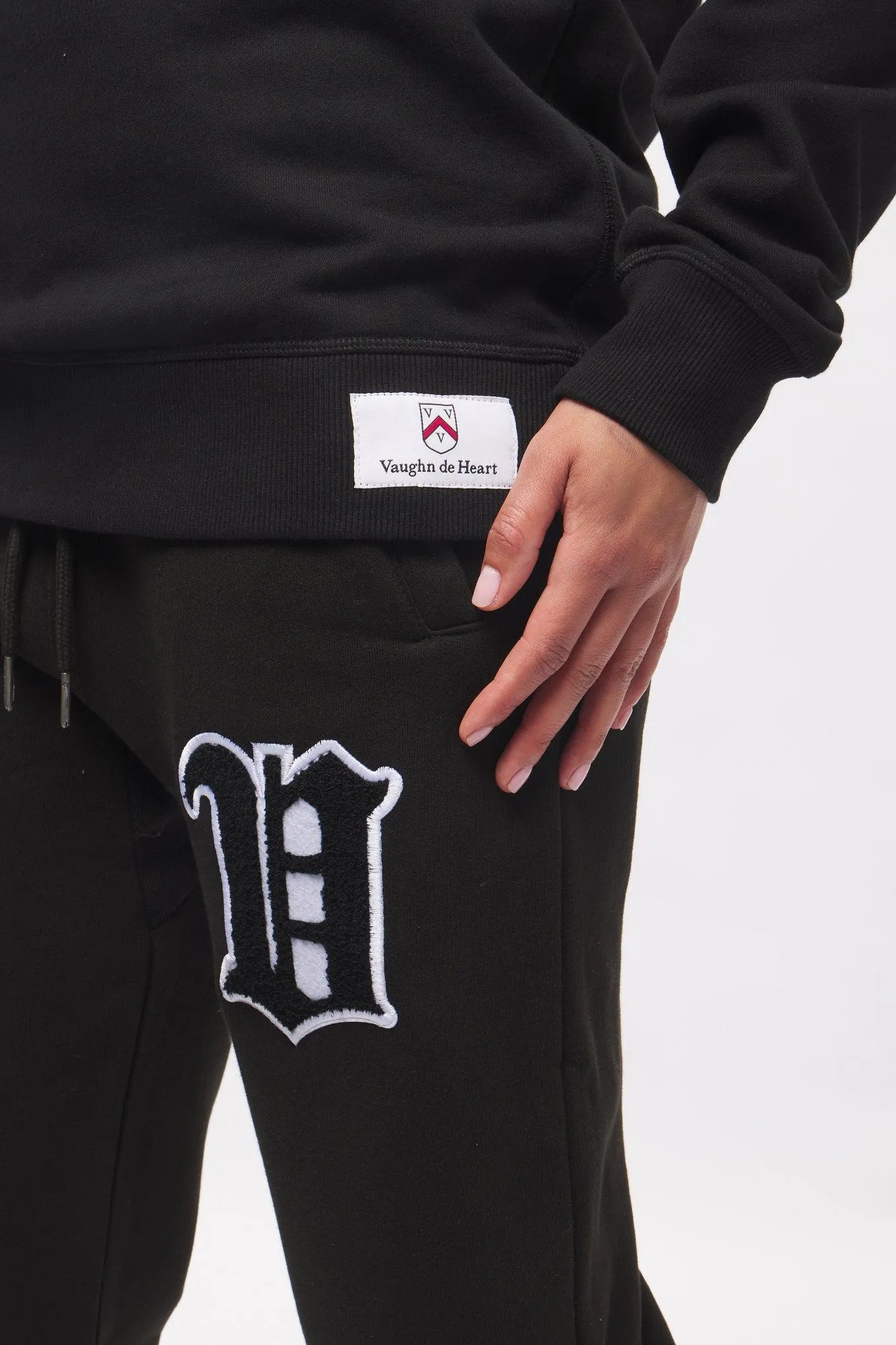 Women's - Black Varsity Chenille Patch Crew Neck Sweater
