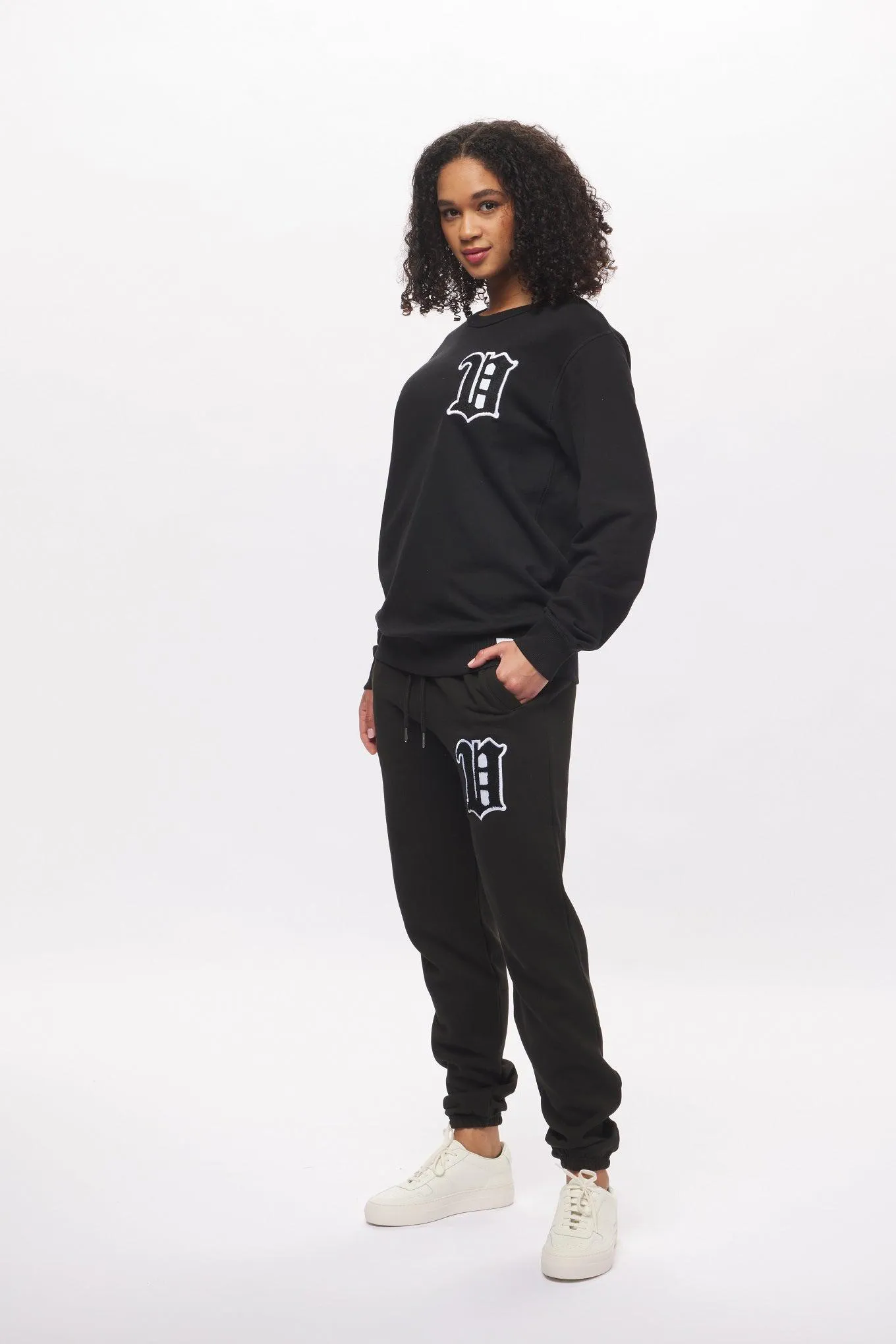 Women's - Black Varsity Chenille Patch Crew Neck Sweater