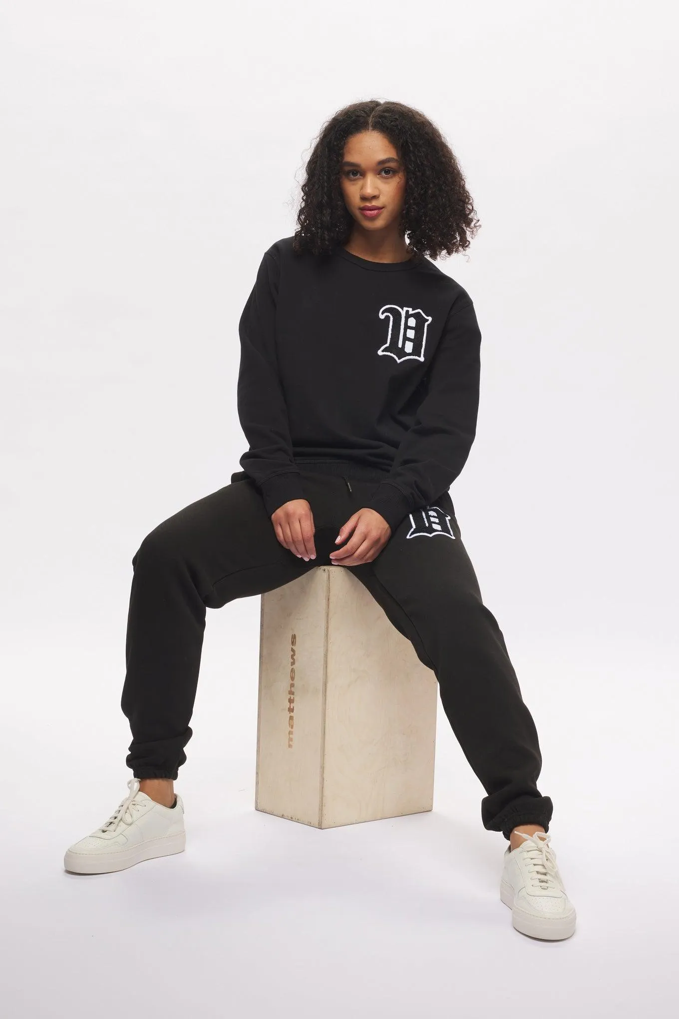 Women's - Black Varsity Chenille Patch Crew Neck Sweater