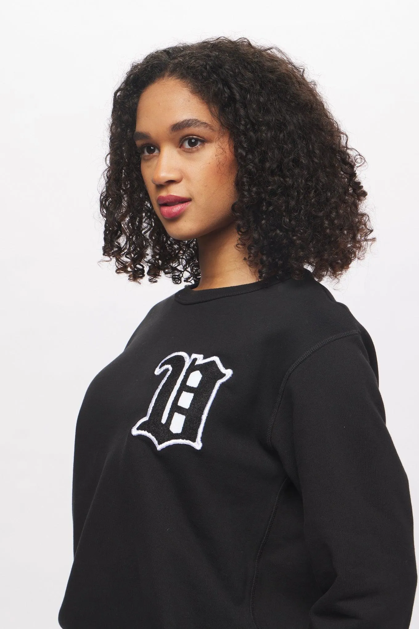 Women's - Black Varsity Chenille Patch Crew Neck Sweater