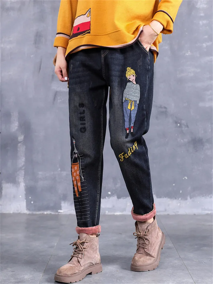 Women's Chic Embroidery Warm Plush Liner Dark Blue Jeans