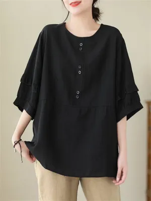 Women's Decorative Button Round Neck Relaxed Pullover Shirt