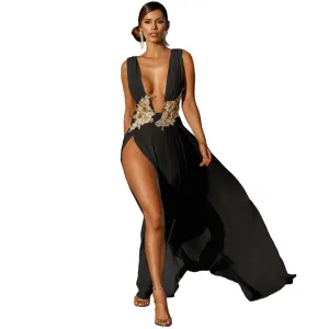 Women's Evening Party Dress Long Maxi Dress Sexy Summer Deep V Neck Backless Dress High Cut Out Slits