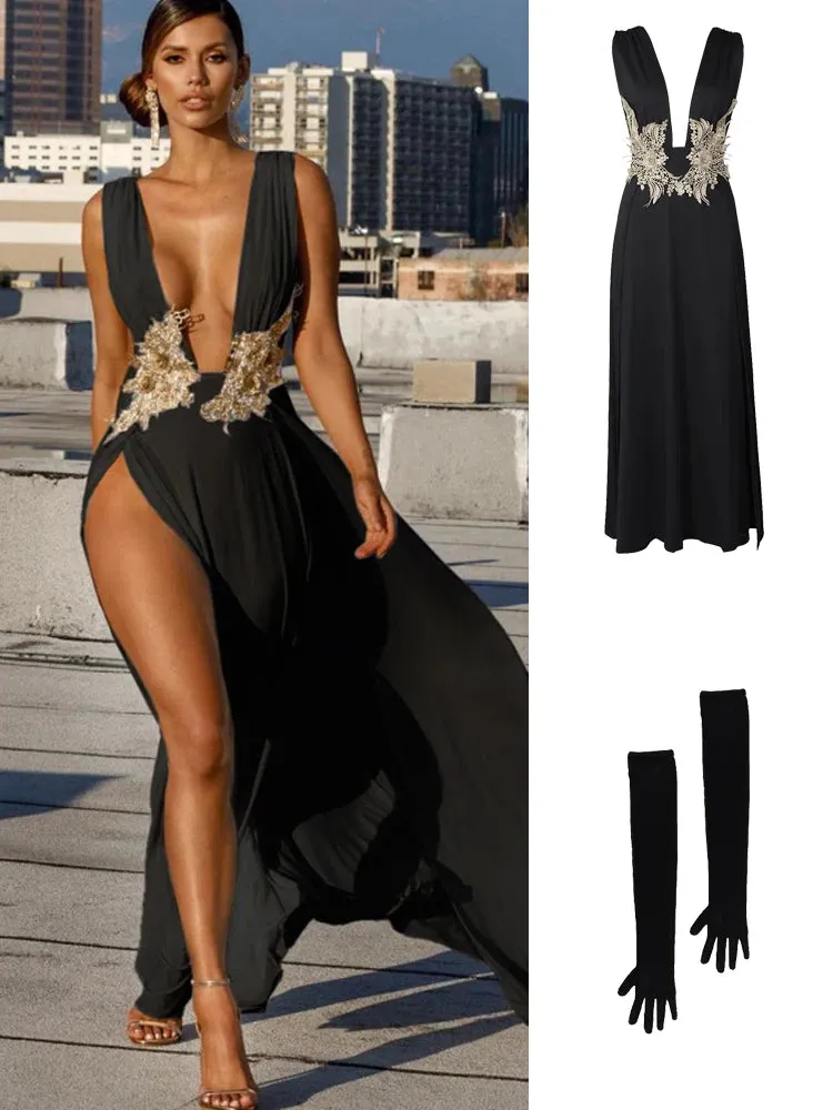 Women's Evening Party Dress Long Maxi Dress Sexy Summer Deep V Neck Backless Dress High Cut Out Slits