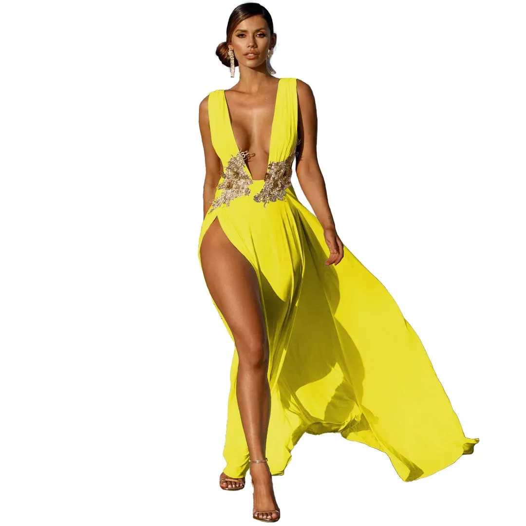 Women's Evening Party Dress Long Maxi Dress Sexy Summer Deep V Neck Backless Dress High Cut Out Slits