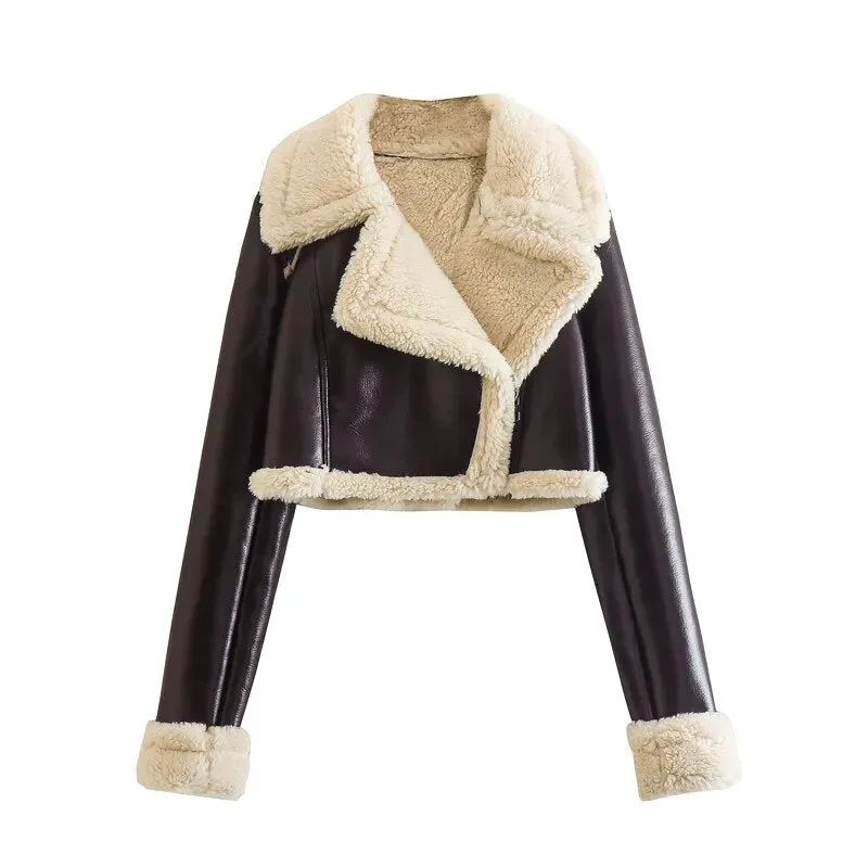 Women's Fashion Double Sided Short Jacket Warm Thick Fur Lapel Chic Faux Leather Coat Vintage Jacket
