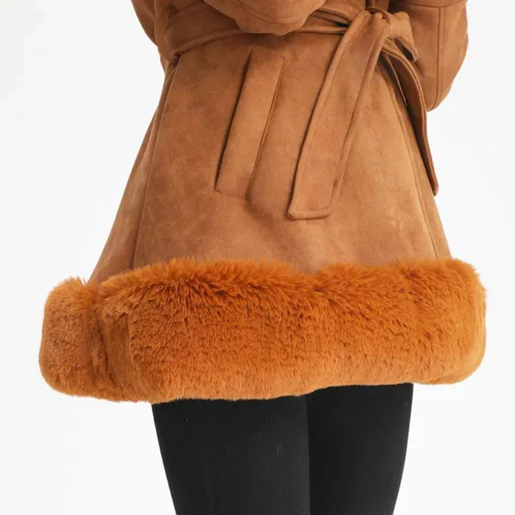 Women's Faux Fur Coat Faux Suede Furry Hood Quality Vegan Fur Coat With Belt Thick Warm Fur Cardigan Jacket