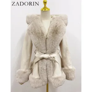 Women's Faux Fur Coat Faux Suede Furry Hood Quality Vegan Fur Coat With Belt Thick Warm Fur Cardigan Jacket