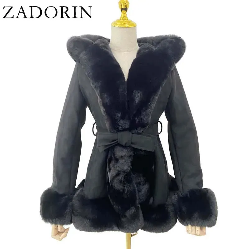 Women's Faux Fur Coat Faux Suede Furry Hood Quality Vegan Fur Coat With Belt Thick Warm Fur Cardigan Jacket