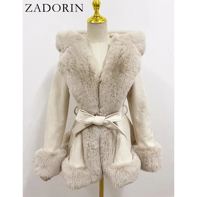 Women's Faux Fur Coat Faux Suede Furry Hood Quality Vegan Fur Coat With Belt Thick Warm Fur Cardigan Jacket