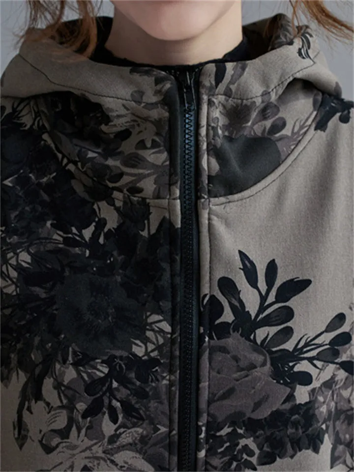 Women's Fleece Relaxed Hooded Floral Coats