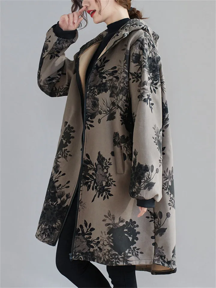 Women's Fleece Relaxed Hooded Floral Coats