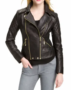 Women's Genuine Leather Motorcycle Jacket Black WJ018