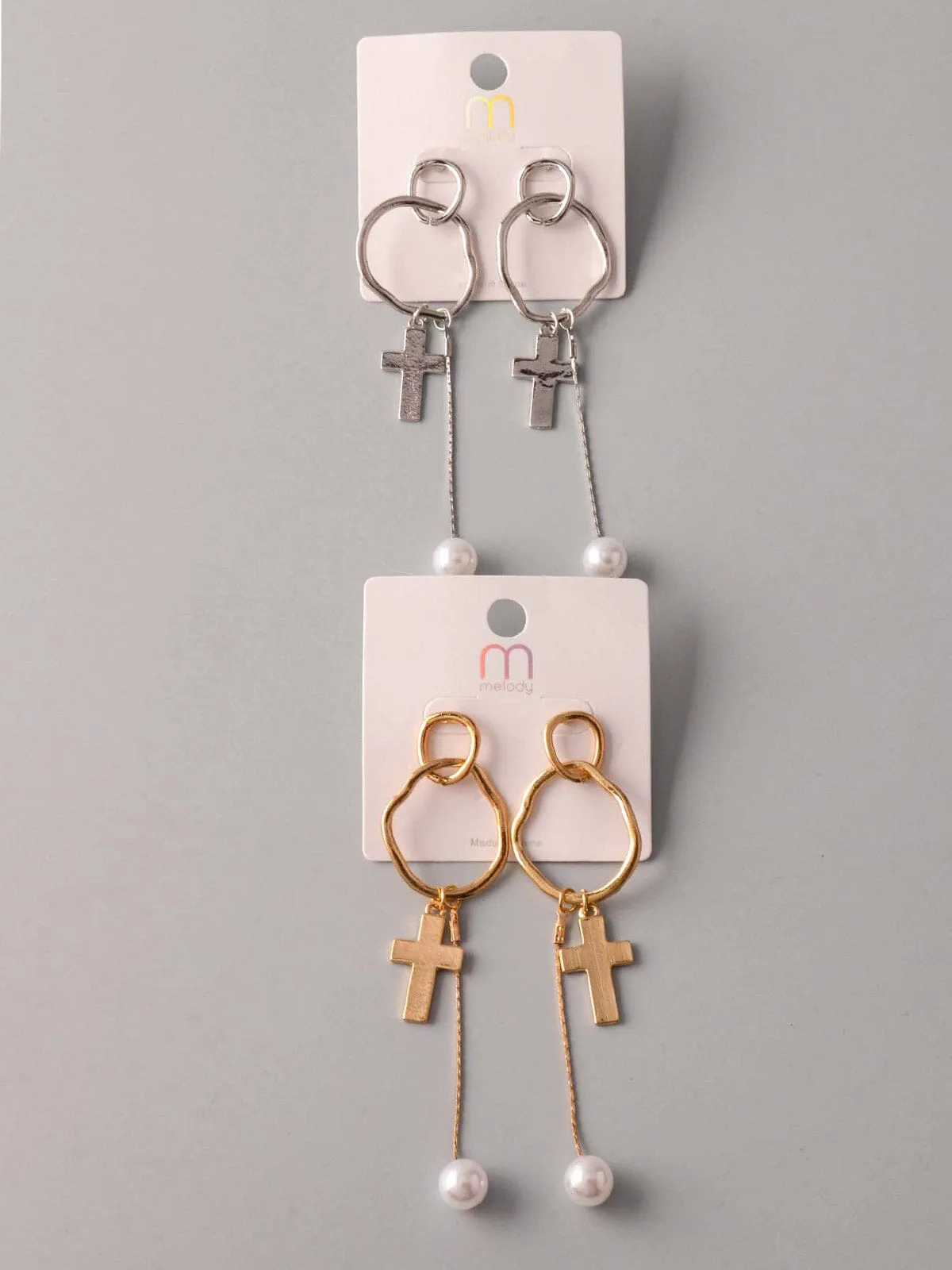 WOMEN'S GOLD & SILVER PEARL CROSS EARRINGS