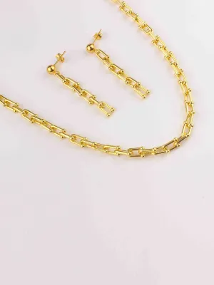 WOMEN'S GOLD STAINLESS STEEL EARRINGS & NECKLACE SET