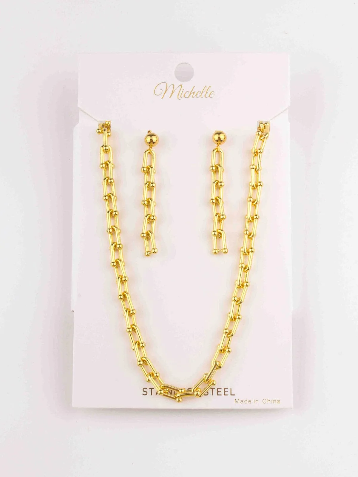 WOMEN'S GOLD STAINLESS STEEL EARRINGS & NECKLACE SET