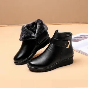 Women's Leather Boots with Metal Buckle and Wool Lining