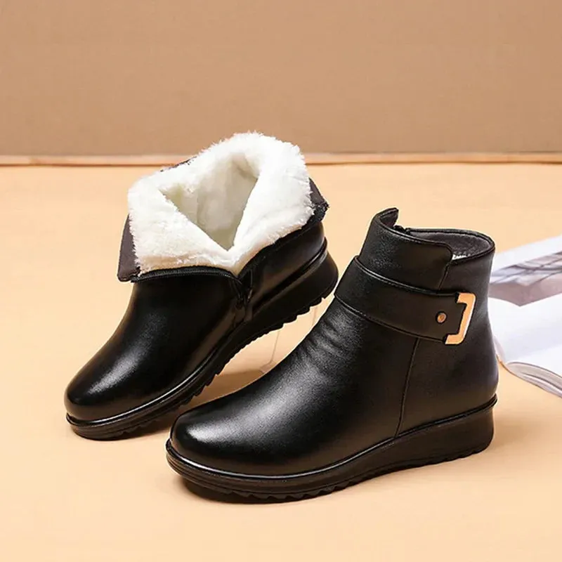Women's Leather Boots with Metal Buckle and Wool Lining