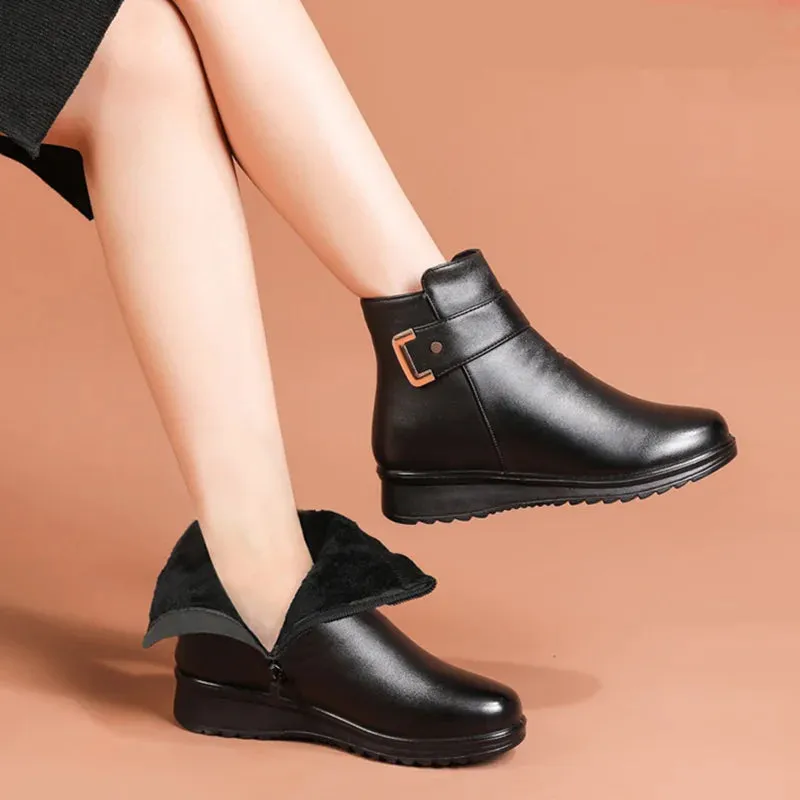 Women's Leather Boots with Metal Buckle and Wool Lining