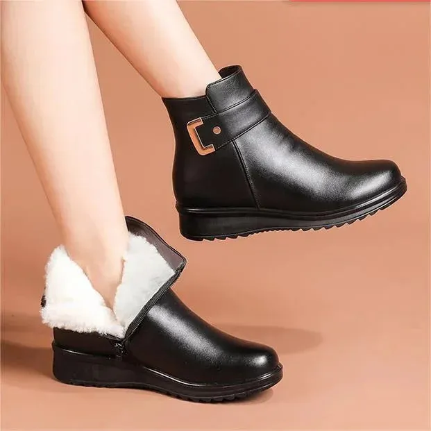 Women's Leather Boots with Metal Buckle and Wool Lining
