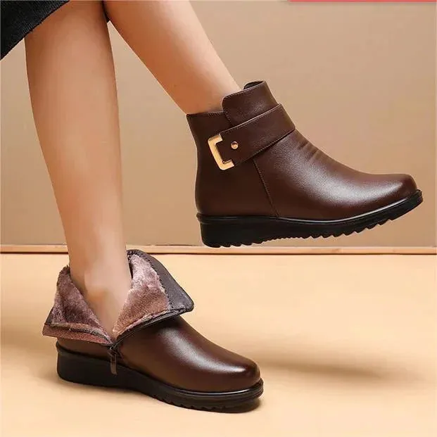 Women's Leather Boots with Metal Buckle and Wool Lining