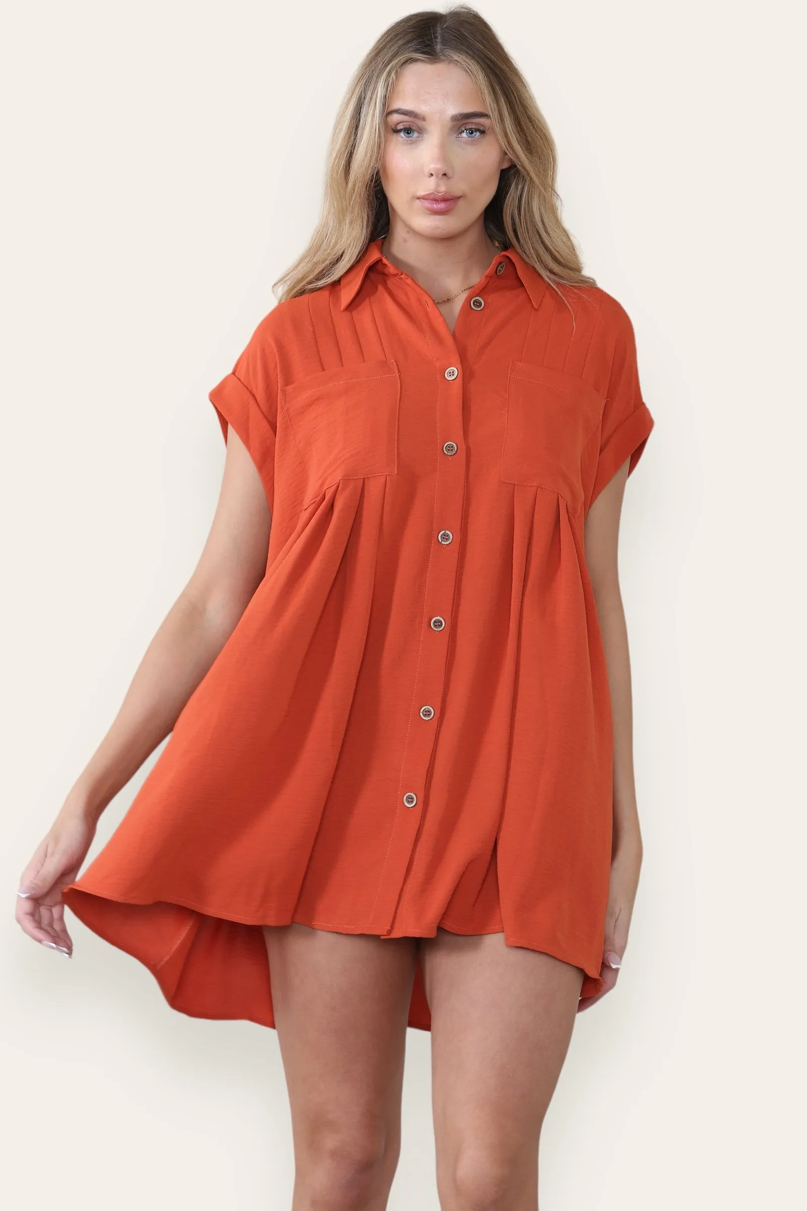 Women's Plain Collared Neck Short Sleeve Button-Up Ruched Shirtdress
