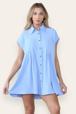 Women's Plain Collared Neck Short Sleeve Button-Up Ruched Shirtdress