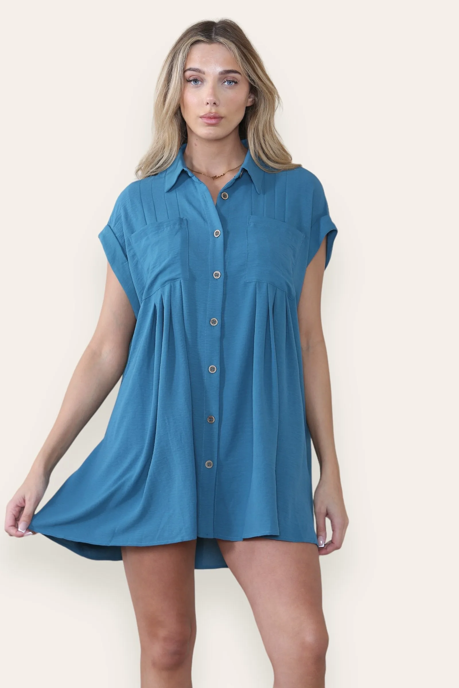 Women's Plain Collared Neck Short Sleeve Button-Up Ruched Shirtdress