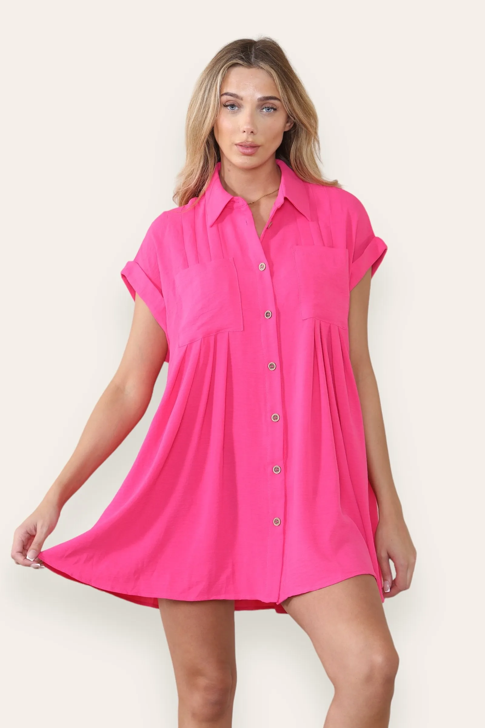 Women's Plain Collared Neck Short Sleeve Button-Up Ruched Shirtdress