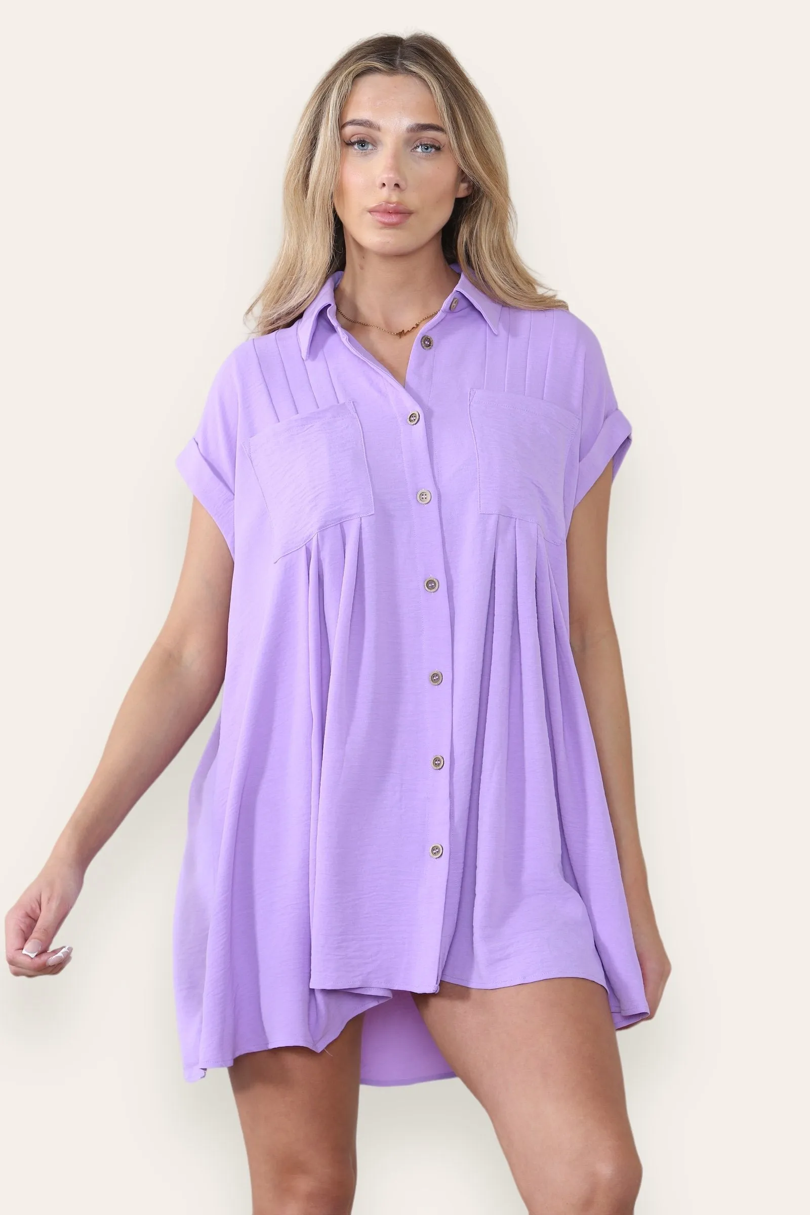 Women's Plain Collared Neck Short Sleeve Button-Up Ruched Shirtdress