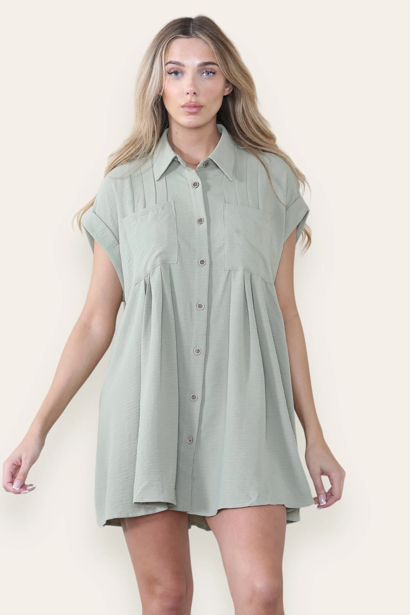 Women's Plain Collared Neck Short Sleeve Button-Up Ruched Shirtdress