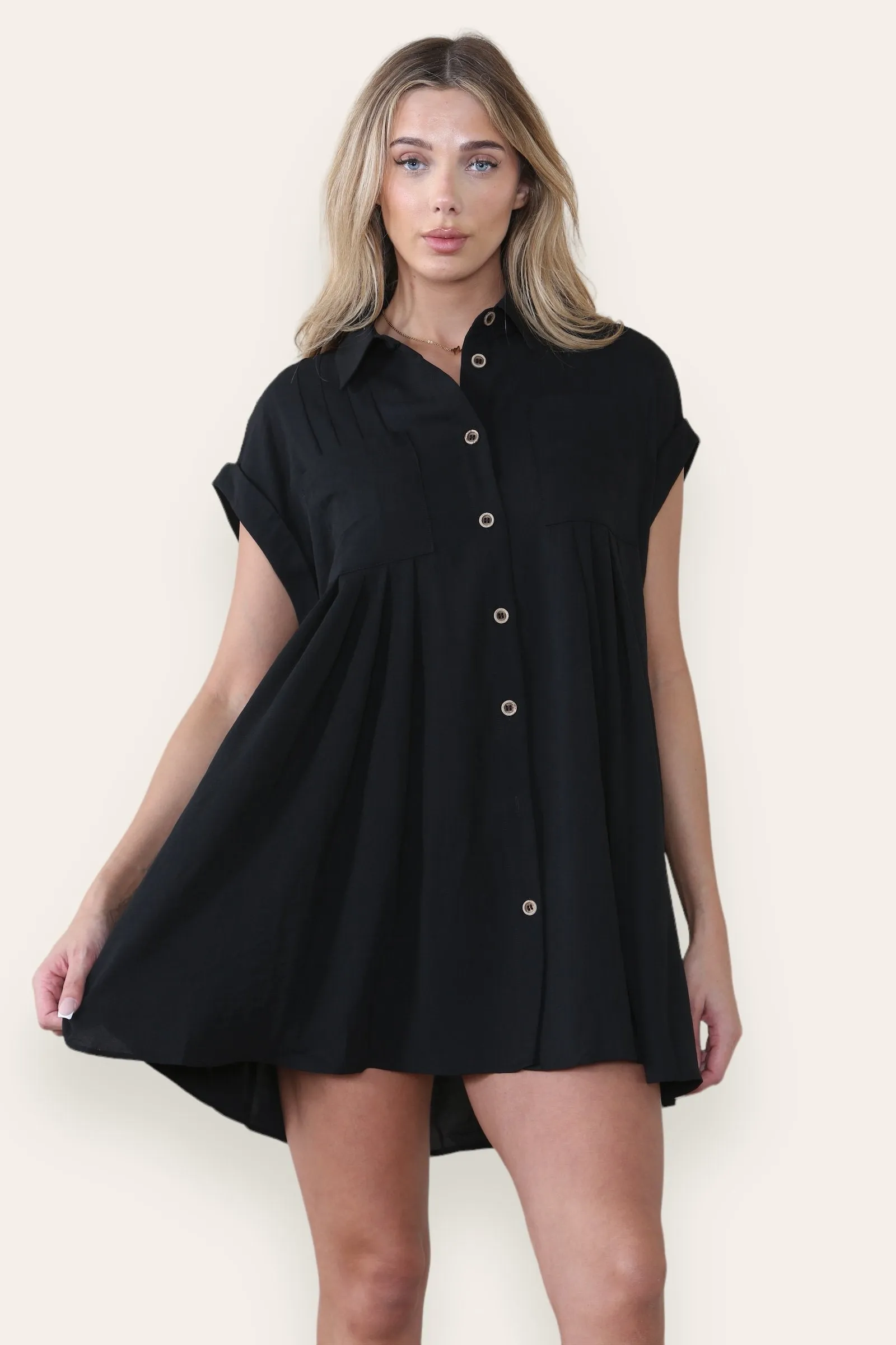 Women's Plain Collared Neck Short Sleeve Button-Up Ruched Shirtdress