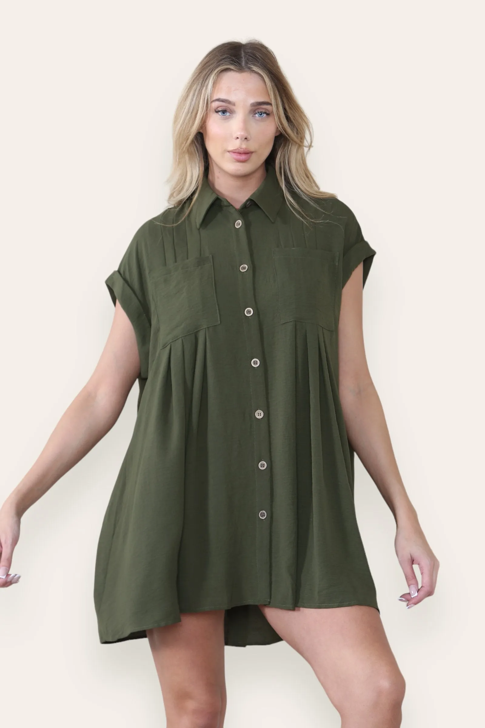 Women's Plain Collared Neck Short Sleeve Button-Up Ruched Shirtdress
