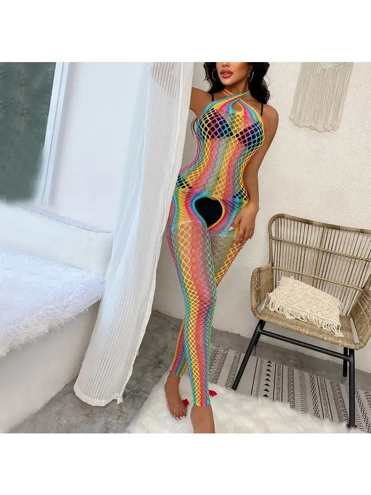 Women's Rainbow Front Cross Fishnet Bodystocking (Bikini Not Included)