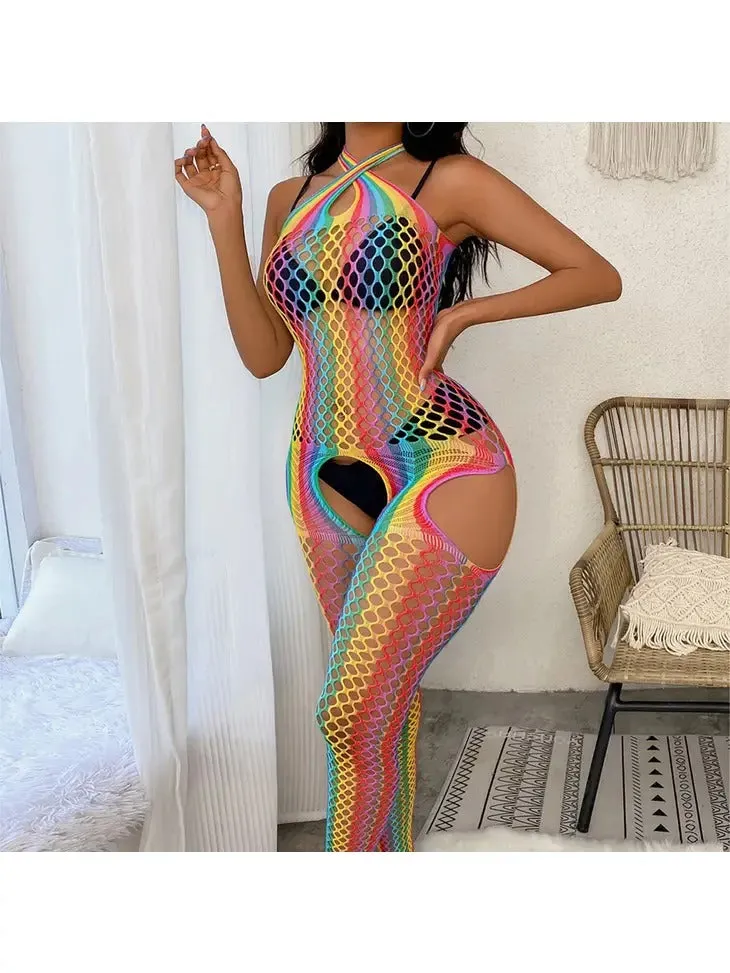 Women's Rainbow Front Cross Fishnet Bodystocking (Bikini Not Included)