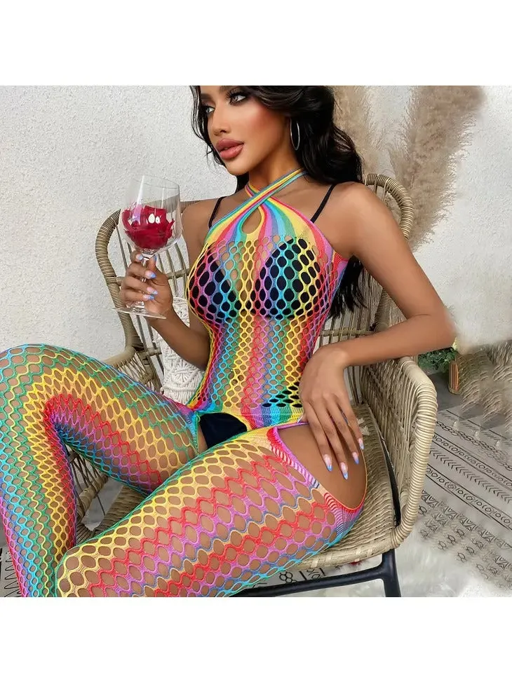 Women's Rainbow Front Cross Fishnet Bodystocking (Bikini Not Included)
