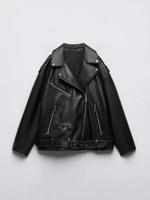 Women's Relaxed Fit Motorcycle Biker Jacket Black Faux Leather Jacket with Belt