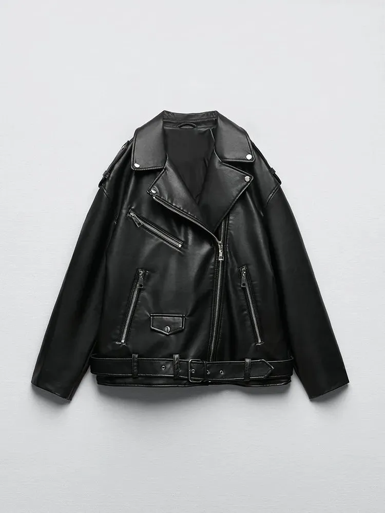 Women's Relaxed Fit Motorcycle Biker Jacket Black Faux Leather Jacket with Belt